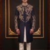 Royal Navy Blue Textured Golden Embroidered Sherwani Black Textured Sherwani