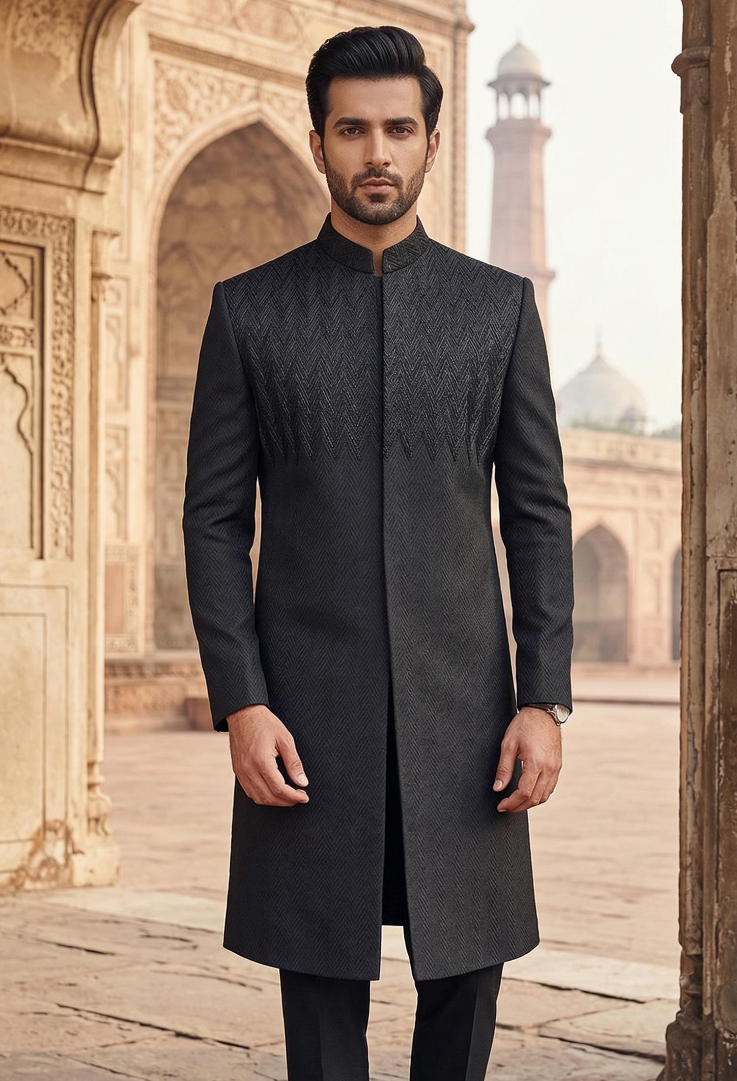 Black Textured Design Sherwani Black Textured Design Sherwani
