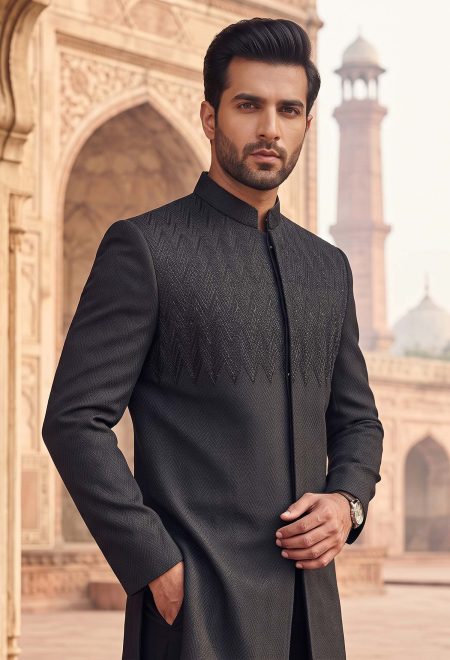 Handcrafted Black Textured Sherwani Black Textured Design Sherwani