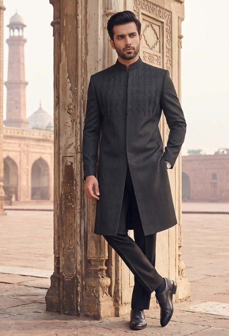 Handcrafted Black Textured Sherwani Black Textured Design Sherwani