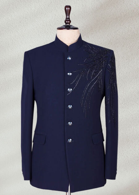 Ink Blue Prince Coat with Intricate Embroidery