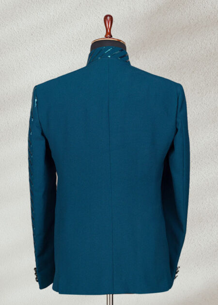 Teal Blue Prince Coat with Foil Embroidery