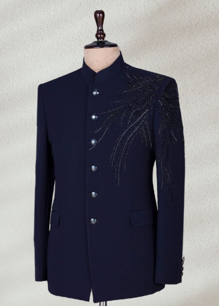 Ink Blue Prince Coat with Intricate Embroidery