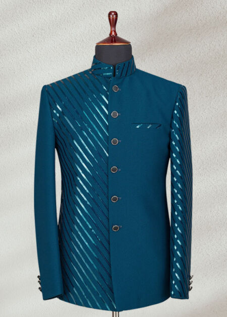 Teal Blue Prince Coat with Foil Embroidery