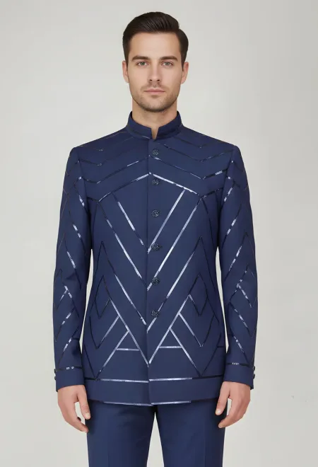 Denim Blue Prince Coat with Foil Embroidery