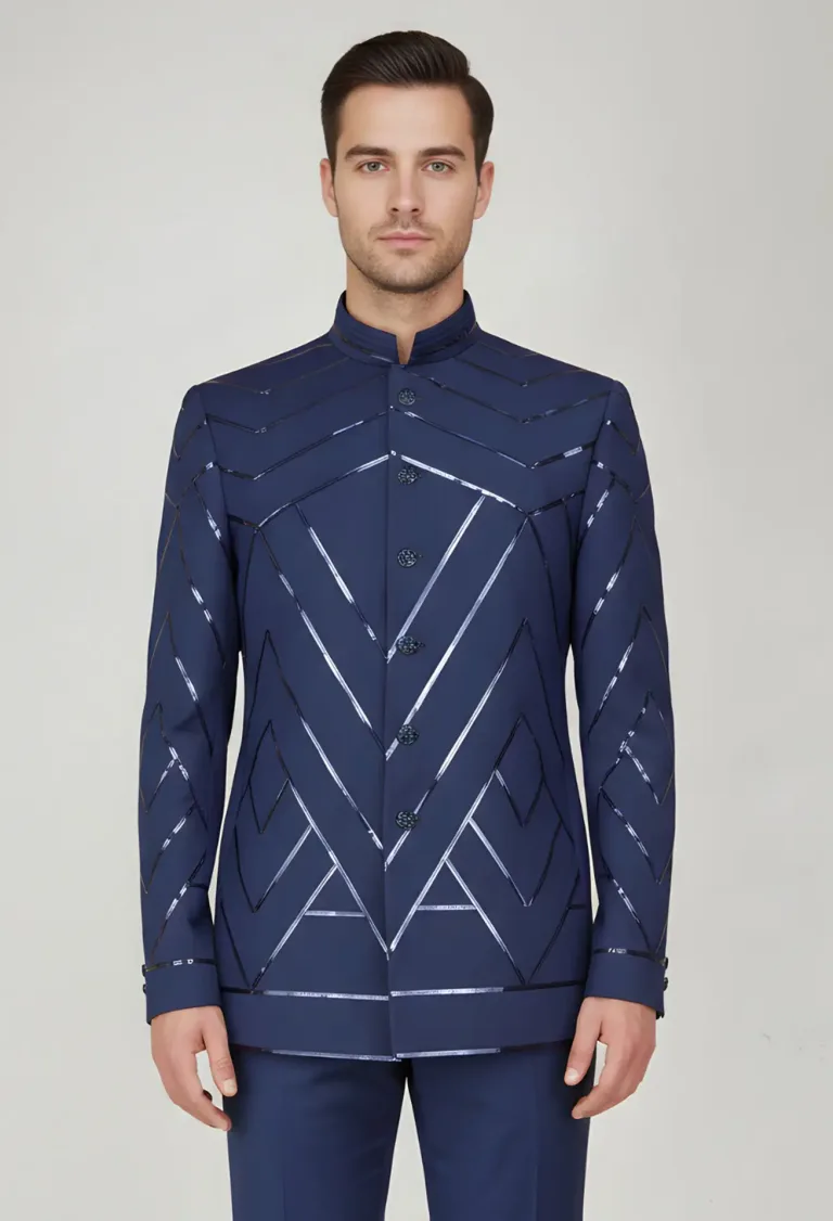 Denim Blue Prince Coat with Foil Embroidery