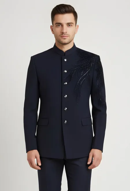 Ink Blue Prince Coat with Embroidery