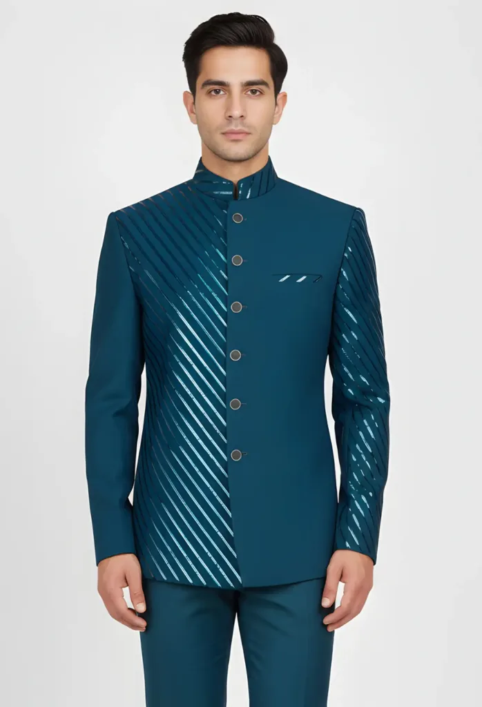 Teal Blue Prince Coat with Foil Embroidery