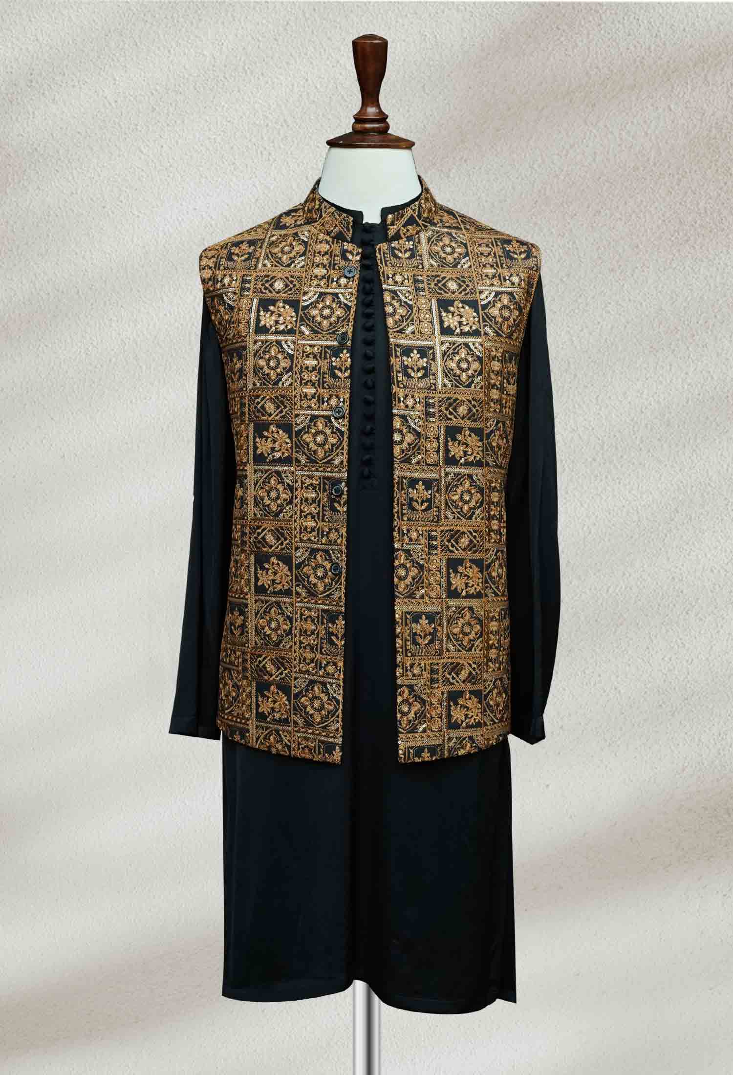 Majestic Black and Gold Embroidered Waistcoat