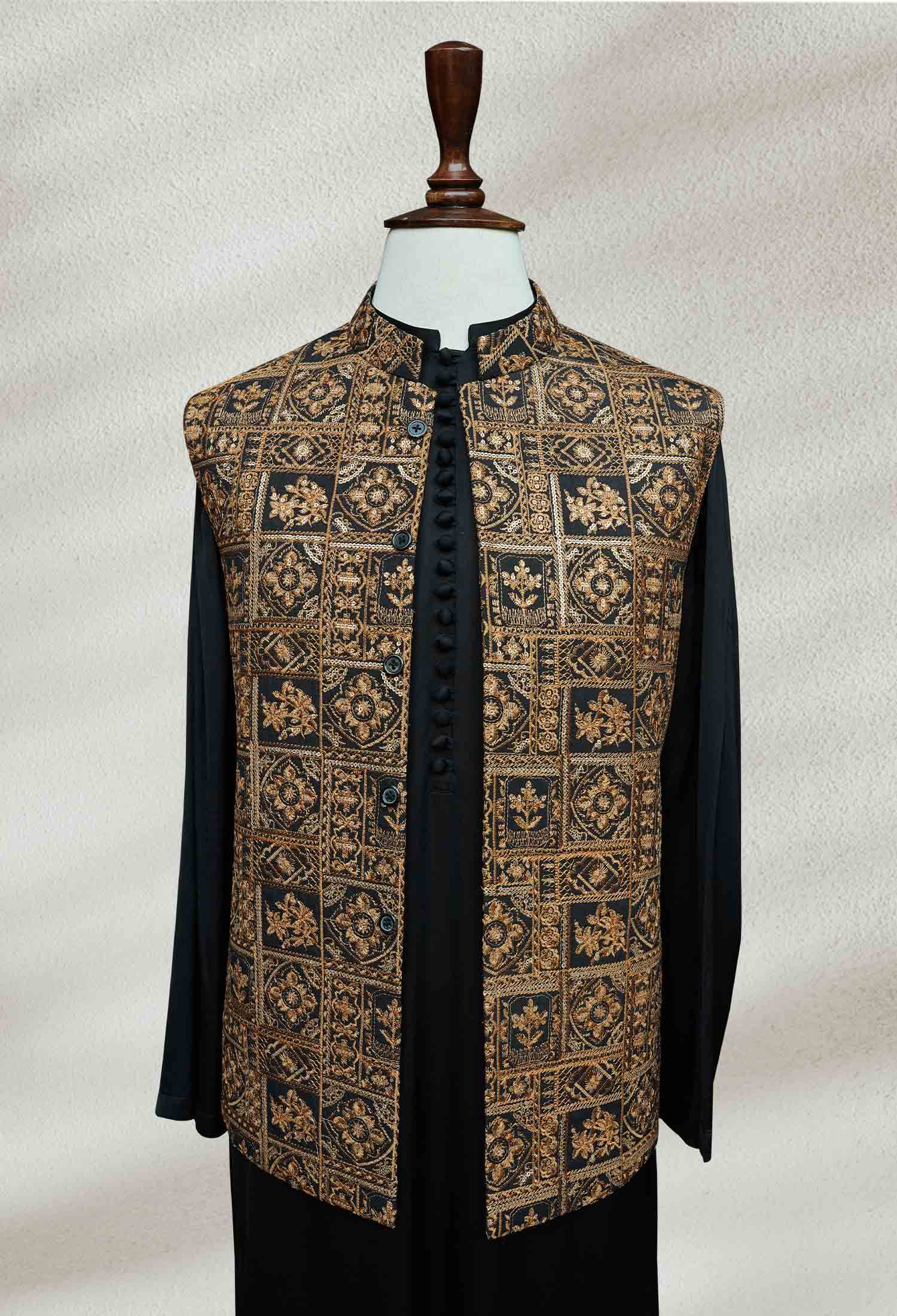 Majestic Black and Gold Embroidered Waistcoat