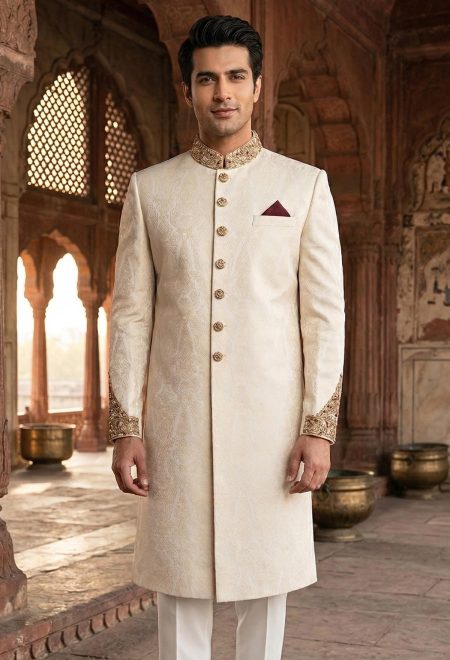 Ivory Sherwani with Embellished Collar
