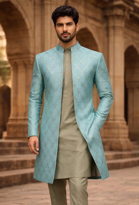 Turquoise Sherwani with Subtle Golden Embroidery