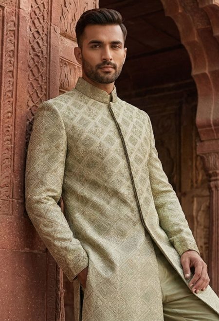 Modern Olive Green Embroidered Sherwani Olive Green Sherwani