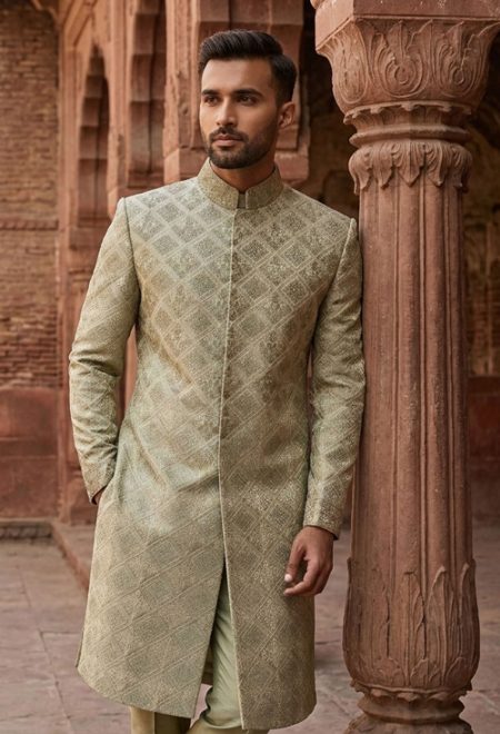 Modern Olive Green Embroidered Sherwani Olive Green Sherwani