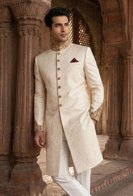 Royal Ivory Sherwani with Embellished Collar Ivory Sherwani