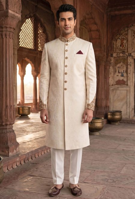 Royal Ivory Sherwani with Embellished Collar Ivory Sherwani