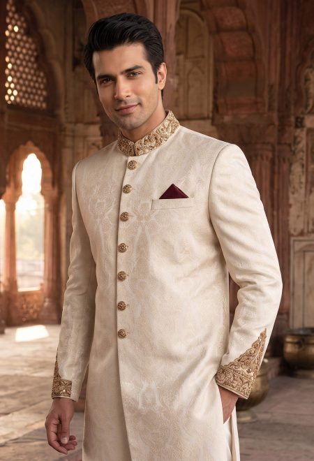 Royal Ivory Sherwani with Embellished Collar