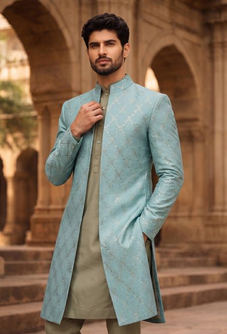 Turquoise Sherwani with Subtle Golden Embroidery Turquoise Sherwani