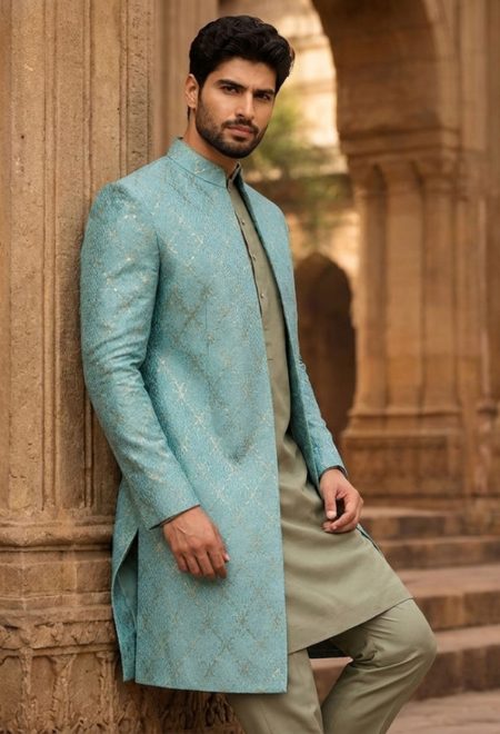 Turquoise Sherwani with Subtle Golden Embroidery Turquoise Sherwani