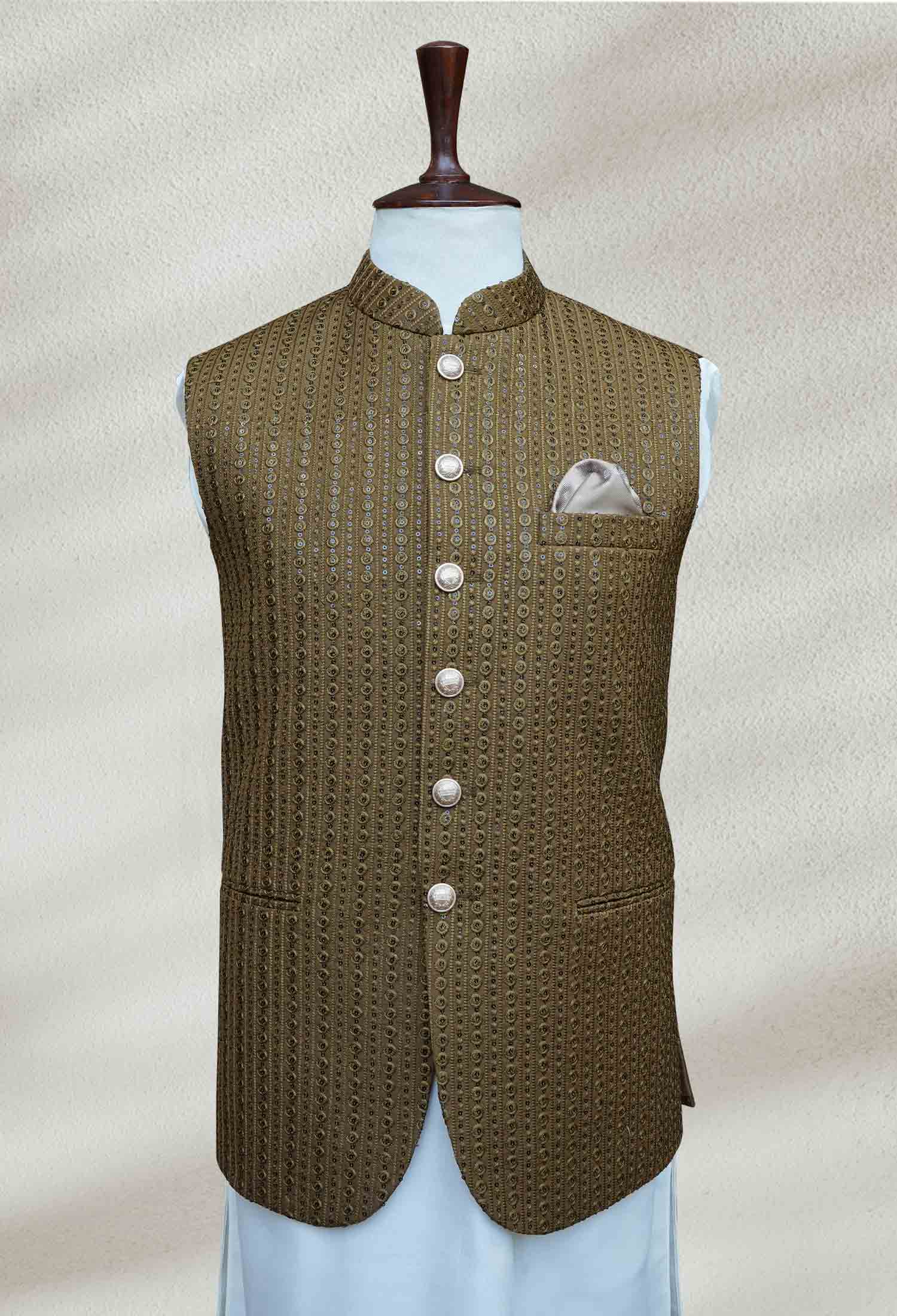 Olive Green Embroidered Fabric Waistcoat