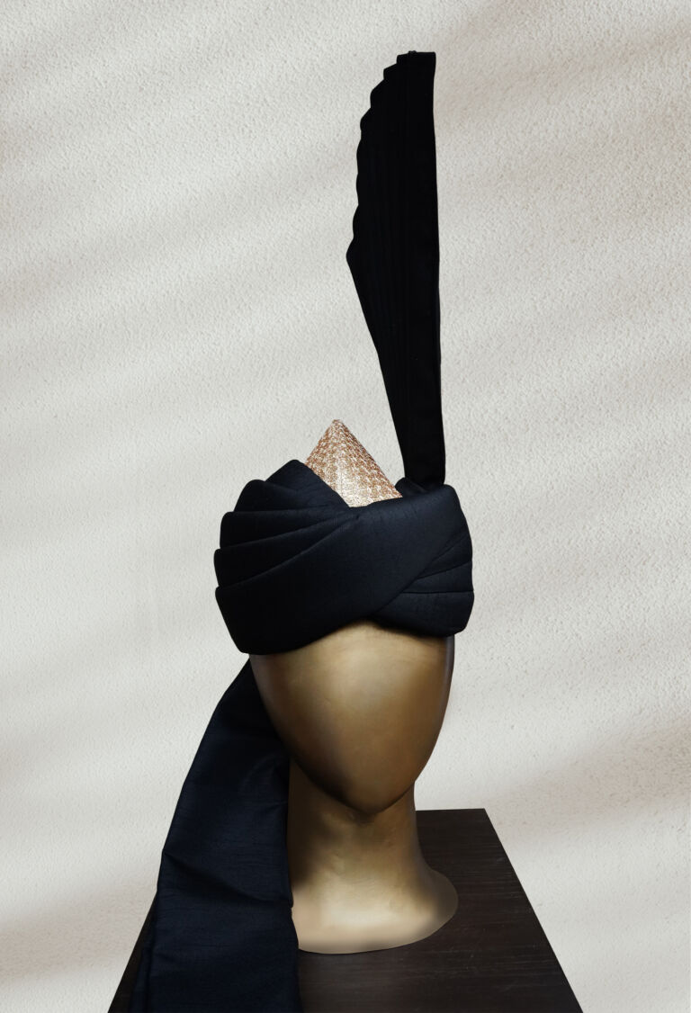 Black Turban with Gold Embroidered Fan Design