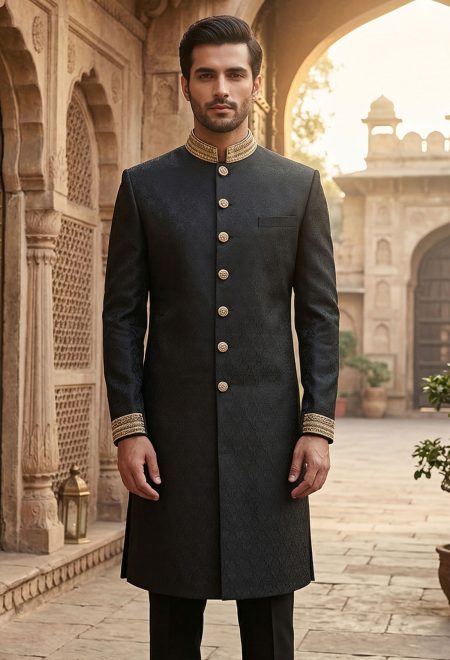 Black Sherwani with Embellished Collar