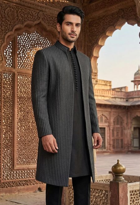 Black Striped Pattern Sherwani