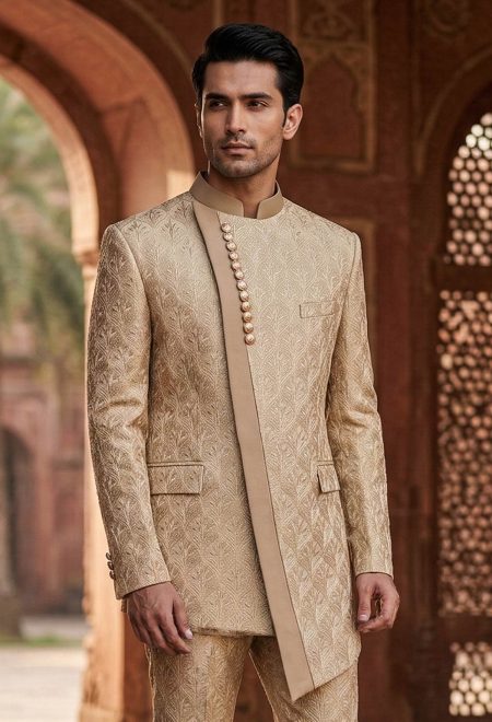 Beige Embroidered Angle Cut Prince Coat