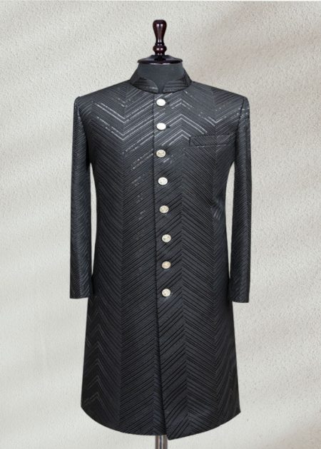 Modern Black Sherwani with Chevron Pattern Modern Black Sherwani