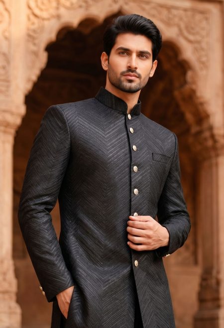 Bespoke Black Chevron Pattern Sherwani Modern Black Sherwani Bespoke Black Chevron Pattern Sherwani Modern Black Sherwani