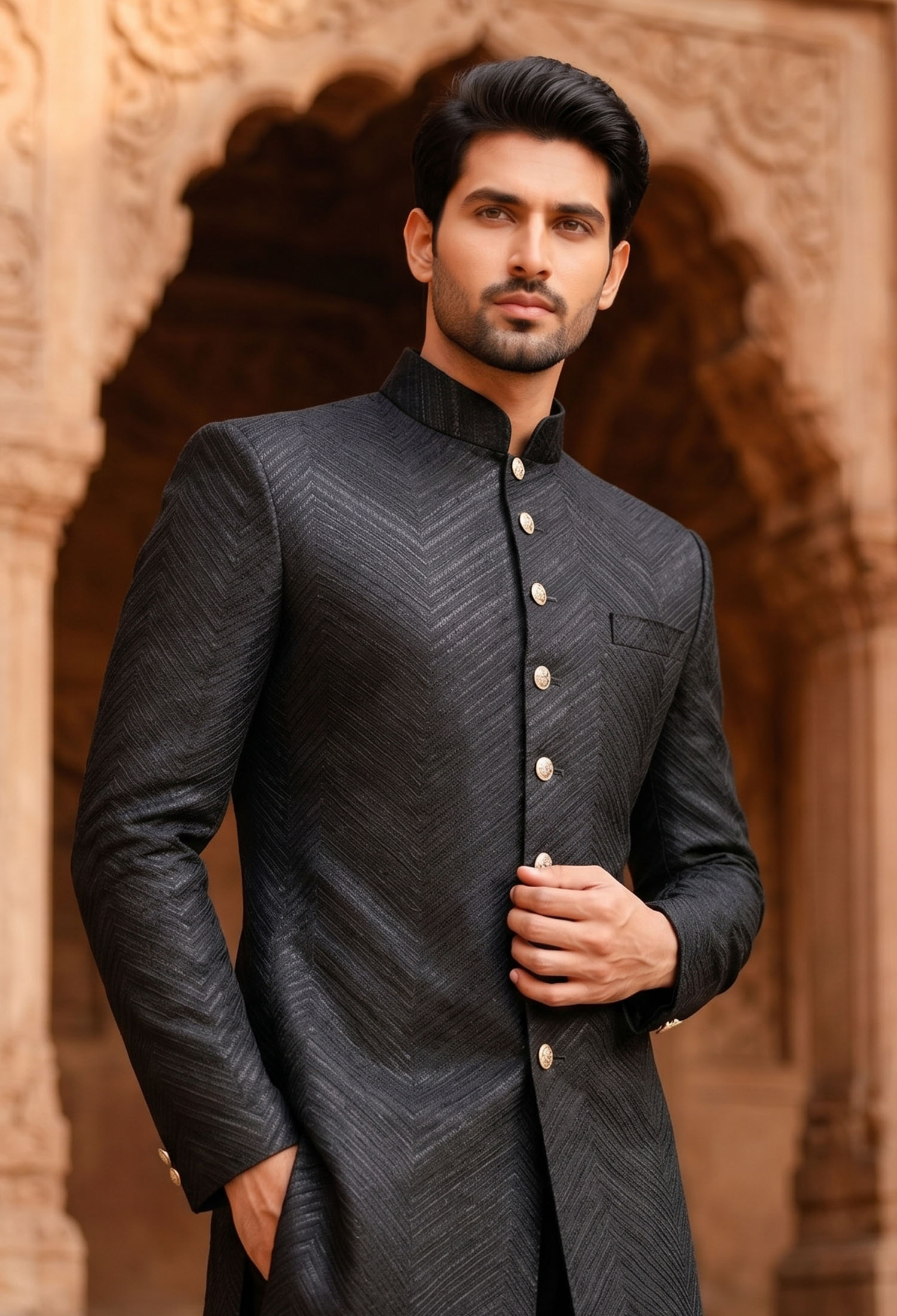 Black Chevron Pattern Sherwani For Groom 2 Bespoke Black Chevron Pattern Sherwani Modern Black Sherwani