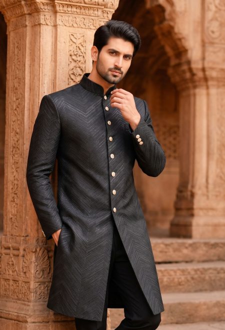 Bespoke Black Chevron Pattern Sherwani for Groom