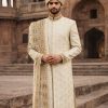 Golden Ivory Embroidered Sherwani with Turban and Shawl Modern Black Sherwani