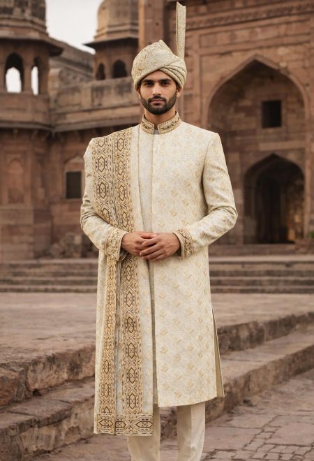 Golden Ivory Embroidered Sherwani with Turban and Shawl