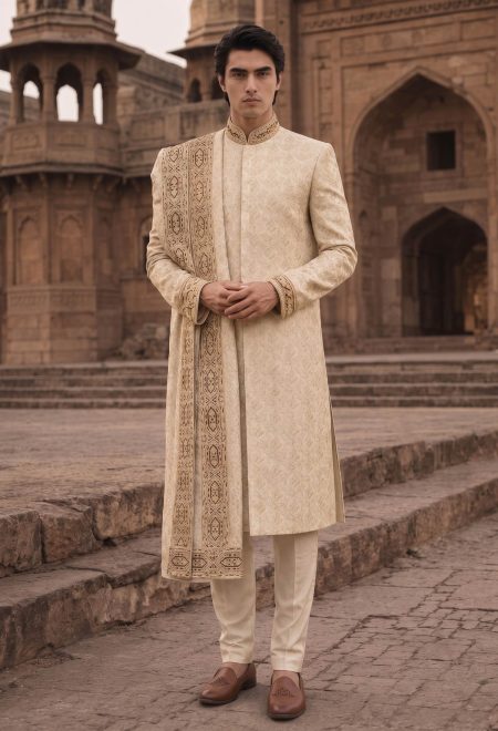 Traditional Ivory Golden Embroidered Sherwani Golden Ivory Embroidered Sherwani