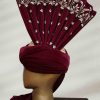 Maroon Velvet Turban with Hand-Embroidered Details Red and Golden Turban