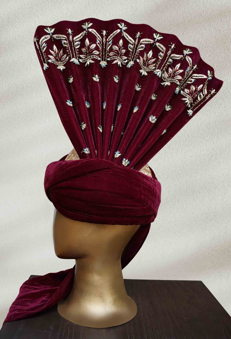 Maroon Velvet Turban with Hand-Embroidered Details