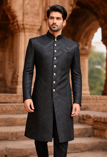 Modern Black Sherwani with Chevron Pattern Modern Black Sherwani