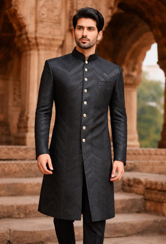 Modern-Black-Sherwani-With-Chevron-Pattern-1-555×814 Bespoke Black Chevron Pattern Sherwani Modern Black Sherwani