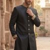 Modern Black Sherwani with Embellished Collar Golden Ivory Embroidered Sherwani
