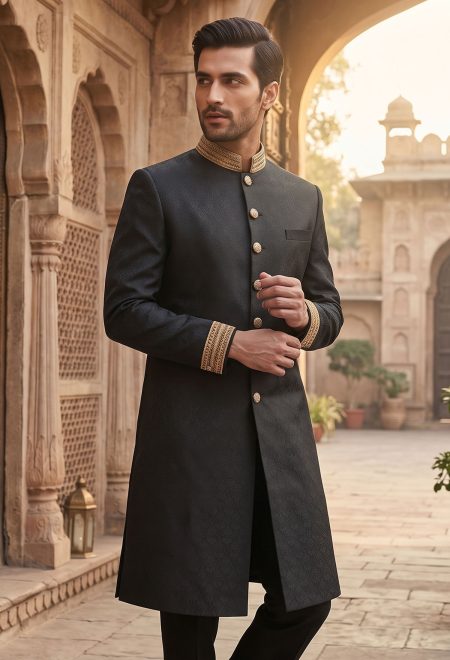 Modern Black Sherwani with Embellished Collar Black Sherwani with Embellished Collar