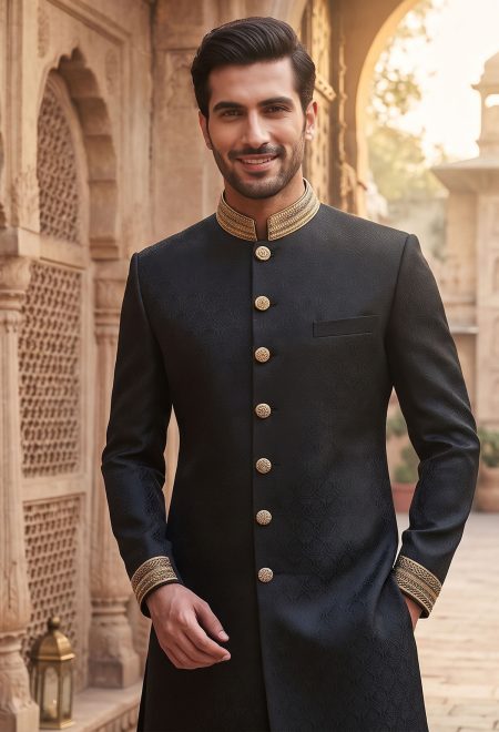 Modern Black Sherwani with Embellished Collar Black Sherwani with Embellished Collar