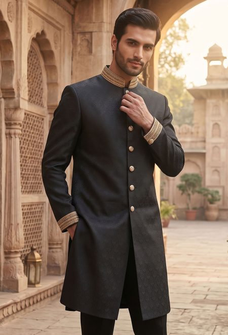 Modern Black Sherwani with Embellished Collar Black Sherwani with Embellished Collar