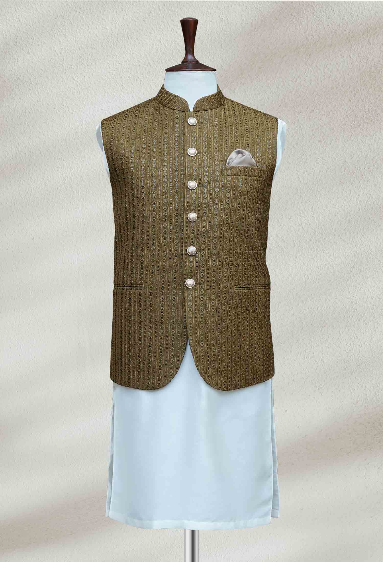 Olive Green Embroidered Fabric Waistcoat