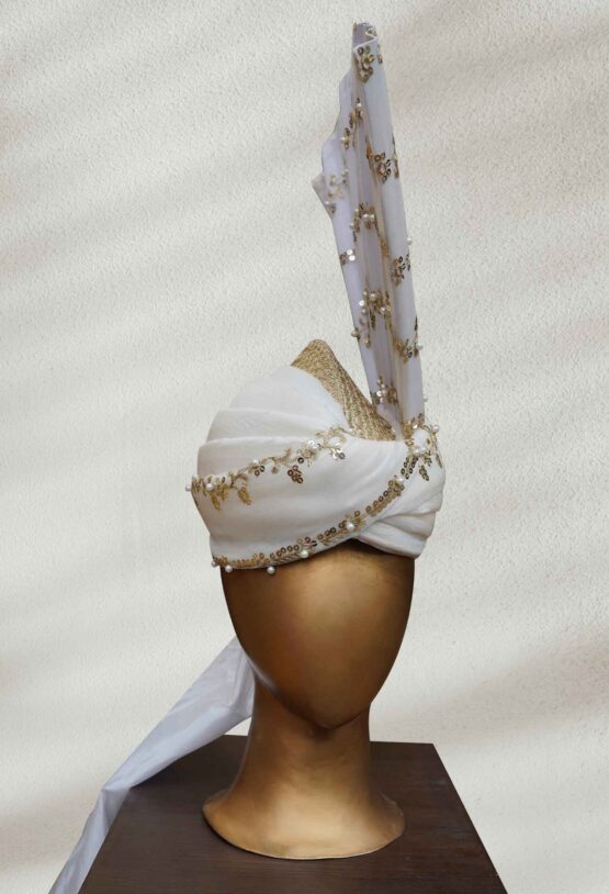 Traditional White Turban with Golden Embellishments