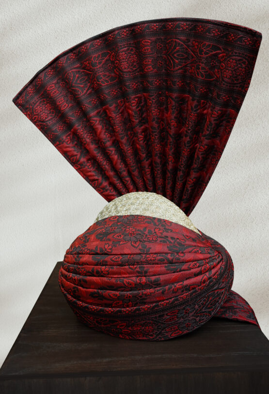 Traditional Red and Black Turban with Self-Embroidered Fabric