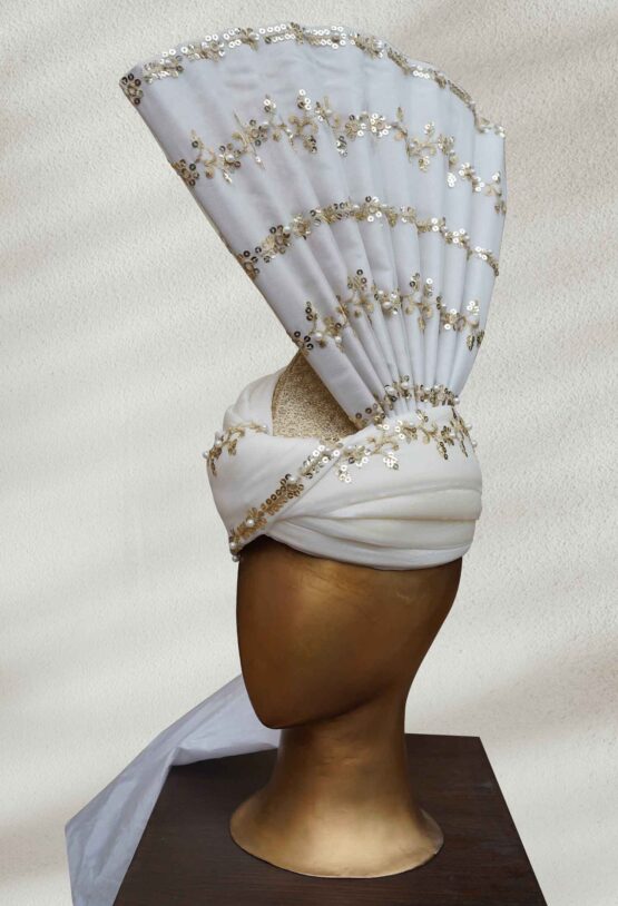 Traditional White Turban with Golden Embellishments