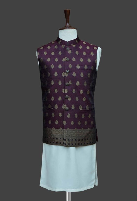 Maroon Waistcoat with Golden Embroidery