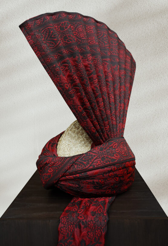 Traditional Red and Black Turban with Self-Embroidered Fabric