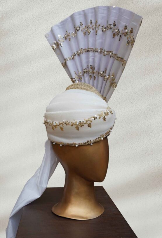 Traditional White Turban with Golden Embellishments